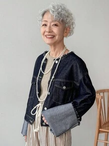 FRIFUL 休閒時尚百搭前扣式寬鬆女款牛仔夾克 - 藍色 - 查看 3