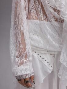 ROMWE EDITION Blus Wanita Berenda Transparan dengan Leher Berlipat Dalam Bergaya Punk Romantis - Putih - View 5