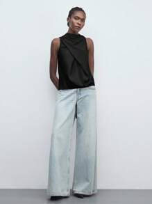 Maija 女士黑色立领褶皱前襟纽扣缎面优雅休闲宽松蝴蝶结无袖上衣，适合度假、办公穿着，不对称复古风格，秋季女装，女士服装，黑色上衣 - 黑色 - 查看 5