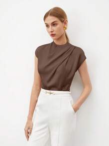 SHEIN BIZwear 女式简约纯色优雅褶皱衬衫，夏季 - 棕色 - 查看 5