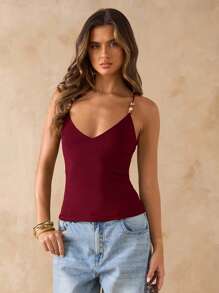 SHEIN BAE 棕色串珠吊带背心，夏季紧身性感复古吊带衫，沙滩度假串珠吊带衫 - 酒紅色 - 查看 6