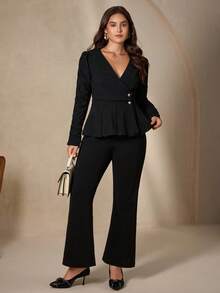 Chikora Plus Size Women's Black 2 Pieces Set,Elegant Autumn Long Sleeve Top And Pants Suit,Formal Business Casual Office Outfits For Dinner Evening Clothes - Black - View 7