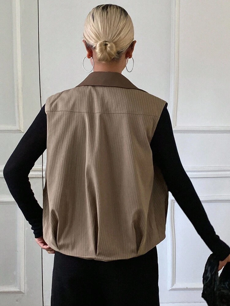 Striped Collar Sleeveless Vest Jacket, Striped Retro Casual Autumn/Winter Bomber Jacket For Women