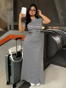 SHEIN EZwear 大码休闲条纹针织短袖长裙