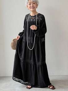 FRIFUL Damen Schwarzes Kleid mit rundem Ausschnitt, Dropped Shoulder und Langarm, Transparente Patchwork-Optik, geeignet für Urlaub, Flughafen, Reisen - Schwarz - Übersicht 1