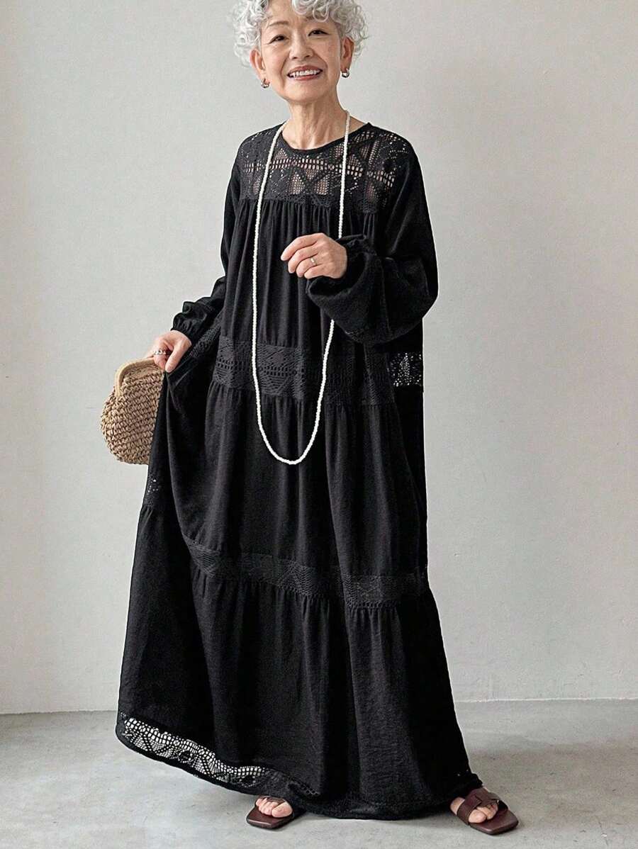 FRIFUL Damen Schwarzes Kleid mit rundem Ausschnitt, Dropped Shoulder und Langarm, Transparente Patchwork-Optik, geeignet für Urlaub, Flughafen, Reisen - Schwarz - Übersicht 1