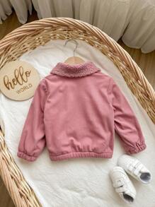 SHEIN Baby Girl Cute Thermal Lined Pink Collar Jacket, Versatile For Autumn/Winter Fall - Pink - View 2