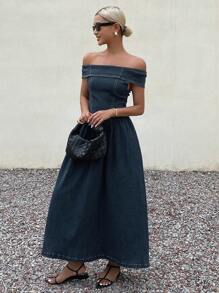 Livesso 女式夏季露肩束腰宽松牛仔连衣裙 - 藍色 - 查看 3