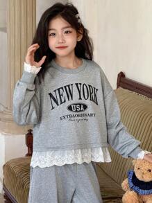 Genkimix Kids 2 件套女童休闲日常运动宽松插肩袖字母印花运动衫，带刺绣饰边和松紧腰阔腿运动裤，返校秋季服装 - 灰色 - 查看 5