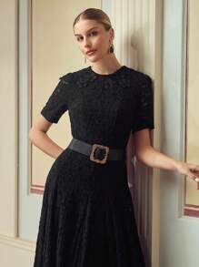 ZEYLAH Elegant High Collar 3D Floral Decor Short Sleeve Long Dress, Spring/Summer - Black - View 6