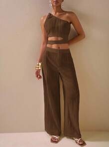 Zivah 2025春夏新款优雅度假休闲通勤母亲节婚礼季音乐节派对街头俱乐部白色纹理面料单肩扭纹细节腰部镂空上衣与阔腿长裤带口袋两件套 - 咖啡棕 - 查看 6