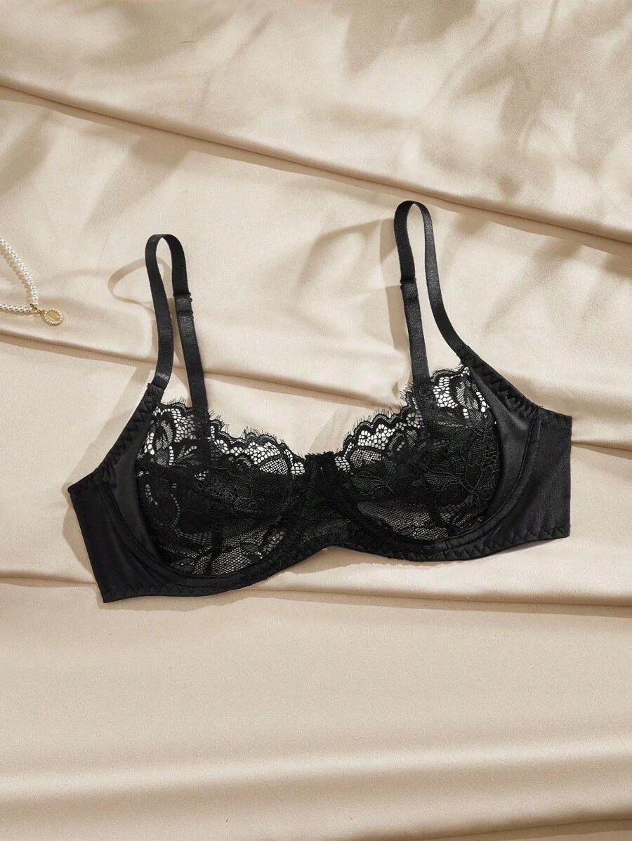 Sujetador sin aros ni relleno con encaje de la moda Charlaine para mujer, lencería elegante de otoño - Negro - Ver 1