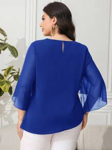 Reflora Plus Size Women's Solid Color Round Neck Flare Sleeve Ruched Waist Fashion Blouse Chiffon Blouse - Royal Blue - View 2