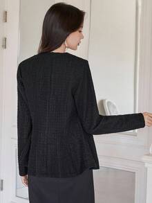 DAZY 纯色修身长袖腰部收紧双排扣喇叭袖口金属装饰优雅复古女式衬衫，秋冬 - 黑色 - 查看 2