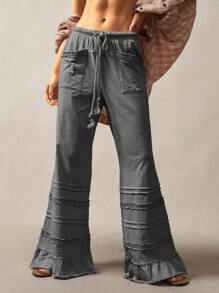 Bohemela 波西米亚风格纯色高腰喇叭腿针织裤，春夏 - 灰色 - 查看 1