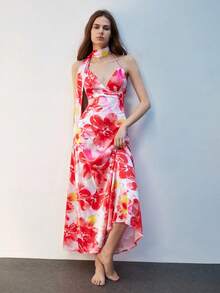 Maija Vestido maxi halter con cintura ceñida y estampado floral para mujer - Rosa Fucsia - Ver 3
