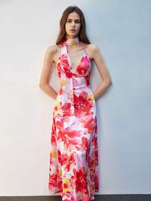 Maija Vestido maxi halter con cintura ceñida y estampado floral para mujer - Rosa Fucsia - Ver 1