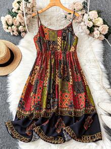 SHEIN LUNE Vestido con hebilla de madera y pliegues para mujer de talla grande, atuendos de primavera para mujer, atuendos de verano para mujer, ropa de verano, atuendo de Pascua para mujer, ropa occidental para mujer, atuendos de playa y vacaciones para mujer, atuendo de aeropuerto para mujer, estilo relajado y cómodo, estilo casual y relajado, estilo de vacaciones, ropa bohemia y boho de otoño para mujer, atuendo para concierto country, atuendos vintage de maestra para mujer, vestido de retazos, vestido bohemio, vestido de sol estampado - Multicolor - Ver 1