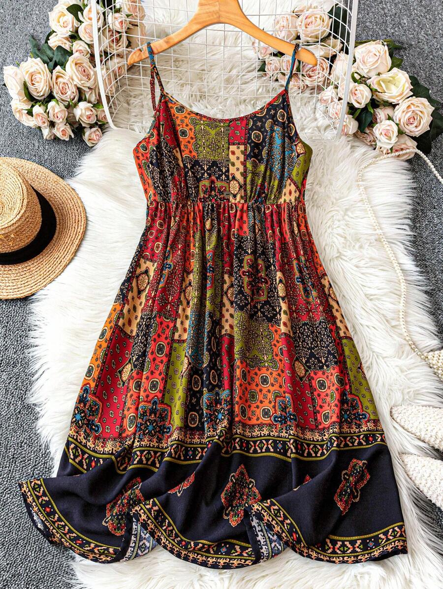 SHEIN LUNE Vestido con hebilla de madera y pliegues para mujer de talla grande, atuendos de primavera para mujer, atuendos de verano para mujer, ropa de verano, atuendo de Pascua para mujer, ropa occidental para mujer, atuendos de playa y vacaciones para mujer, atuendo de aeropuerto para mujer, estilo relajado y cómodo, estilo casual y relajado, estilo de vacaciones, ropa bohemia y boho de otoño para mujer, atuendo para concierto country, atuendos vintage de maestra para mujer, vestido de retazos, vestido bohemio, vestido de sol estampado - Multicolor - Ver 1