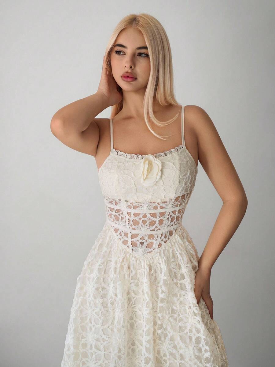 Sweetina Váy đi làm thanh lịch dành cho nữ với họa tiết hoa 3D và dây mảnh - Màu vàng - Xem 1