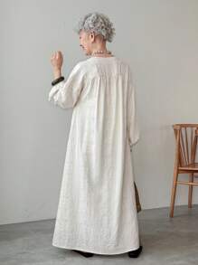 FRIFUL Women's Beige Drop Shoulder Long Sleeve Embroidered Dress Maxi Dress - Beige - View 5