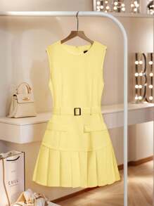 Franclia Elegant French Style Minimalist Daily Versatile Round Neck Sleeveless Cinched Waist Waist Pleated Hem Dress, Non-Stretch Woven White Dress, Business Casual Women's Spring/Summer White Graduation Dress, Pleated White Dress Summer Dress Clothes For University - Yellow - View 1