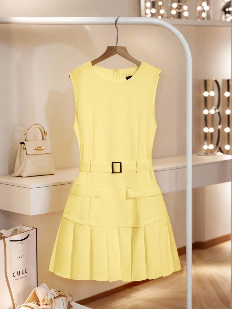 Franclia Elegant French Style Minimalist Daily Versatile Round Neck Sleeveless Cinched Waist Waist Pleated Hem Dress, Non-Stretch Woven White Dress, Business Casual Women's Spring/Summer White Graduation Dress, Pleated White Dress Summer Dress Clothes For University - Yellow - View 1