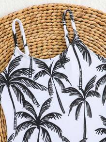 SHEIN 1 件女孩小女孩棕榈树印花细肩带连体泳衣，家庭装妈妈和我（4 件单独出售）