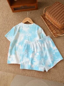 SHEIN 2 件可爱卡通蓝色兔子露露，针迹图案，清新天蓝色扎染少女休闲简约短袖上衣和短裤套装，适合夏季 - 彩色 - 查看 3