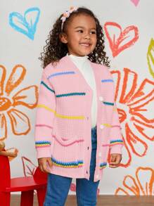 CutesyCutie Colorful Striped Loose Casual Cardigan Sweater For Young Girls Kids Cardigan For Girls Girls Knit Cardigan Kids Sweaters For Girls Button Toddler Girl Cardigan Girls Cardigan Sweater,In Fall/Winter