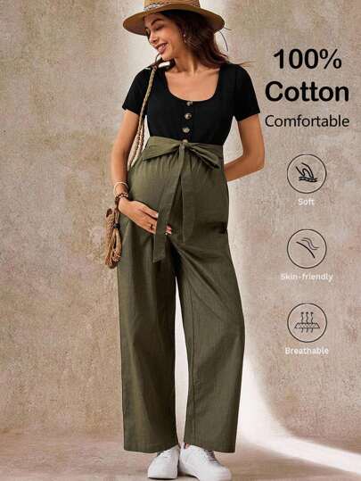 Boho Mama 孕妇纯色拼布前扣系带腰休闲连体裤