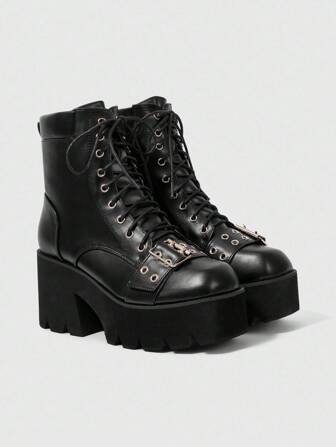 Grunge Punk Botas góticas de puntera cuadrada y tacón grueso, botas de tacón alto de piel sintética negra adecuadas para fiesta, uso diario, vestido de noche, que aumentan la altura y alargan las piernas