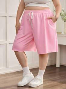 SHEIN CURVE+ 大码粉色休闲女式百慕大短裤，万圣节休闲装，返校季女装秋季、冬季，CURVE PLUS - 粉色 - 查看 6