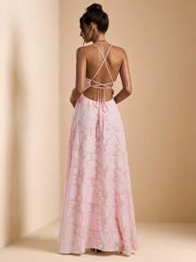 SHEIN BAE Váy maxi chữ A hở lưng màu trơn bó sát có dây mảnh dành cho nữ mùa xuân/hè, váy đi nghỉ, váy đi biển, váy dạ hội thanh lịch - Hồng - Xem 2