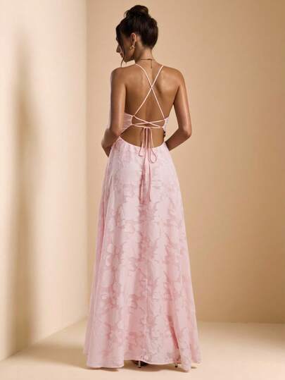 SHEIN BAE 女式紧身纯色露背细肩带纹理 A 字长裙，适合春夏季、度假裙、沙滩裙、优雅约会夜裙