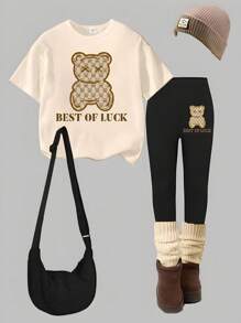 Set da 2 pezzi per ragazze composto da t-shirt a maniche corte con stampa grafica di orsetti e lettere, e leggings, casual e carino, adatto come outfit per il ritorno a scuola