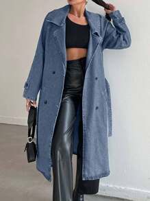 EURMUSE 100% Cotton Women's Lapel Belted Pocket Button Denim Jacket Coat - Light Wash - View 3