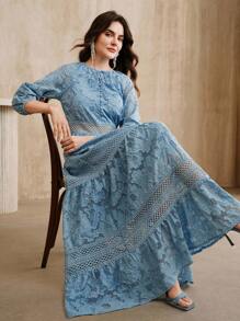 Anewsta French Elegant Lace-Up Lace Hollow Out 3/4 Sleeve Dress For Women, Elegant Office Dress, Western Outfits For Women, Boho Women's Clothing