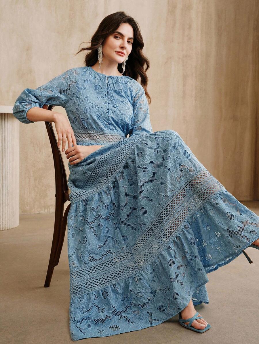 Anewsta French Elegant Lace-Up Lace Hollow Out 3/4 Sleeve Dress For Women, Elegant Office Dress, Western Outfits For Women, Boho Women's Clothing