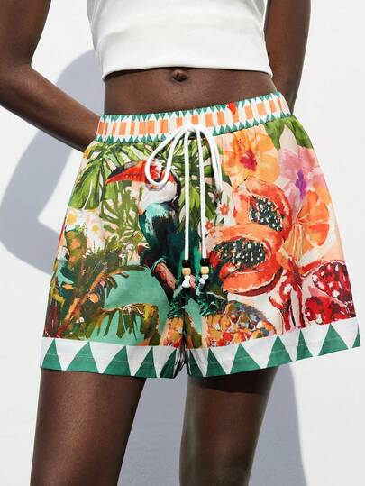 Maija Women's Green Island & Bird Pattern Shorts, Suitable For Vacation & Beach, Autumn/Winter