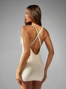 MISSGUIDED Sukienka mini na ramiączkach typu spaghetti, dopasowana, z podwyższonym stanem, imprezowa, na lato, na wiosnę, z wiązaniem, regulowane ramiączka, elegancka, nowoczesna, modna - Morela - Zobacz 2