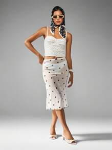 MISSGUIDED Falda midi de lunares, cintura alta, dobladillo con volantes, falda femenina para primavera y verano, para invitada de boda, vacaciones y ocasiones, falda de línea A - Blanco - Ver 1