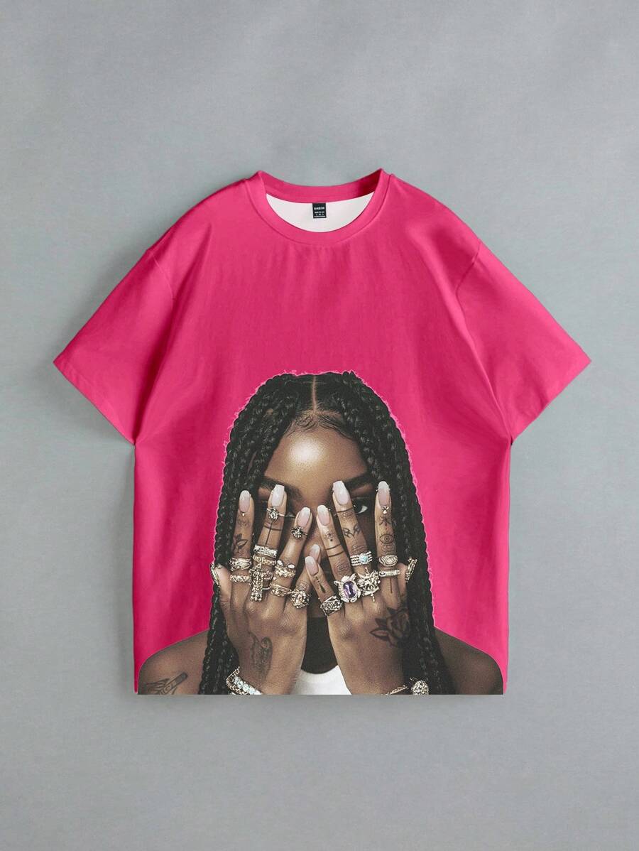 Slaydiva 休闲图案圆领宽松短袖T恤，适合夏季 - 玫紅色 - 查看 1