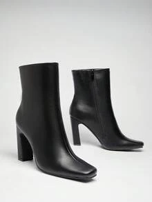 SHUZIA #RunwayReady Women's 3.5'' Slanted Block Heel & Sleek Square Toe Pu Black Ankle Booties–A Chic, Versatile Essential For Day-To-Night Looks With Modern Edge & All-Day Comfort. - Black - View 6
