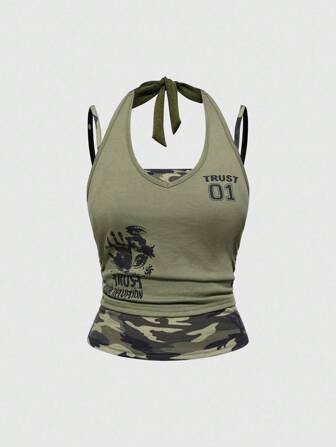 Grunge Punk Y2K Camouflage Print 2 In 1 Tight Fitted Halter Neck Women Tank Top
