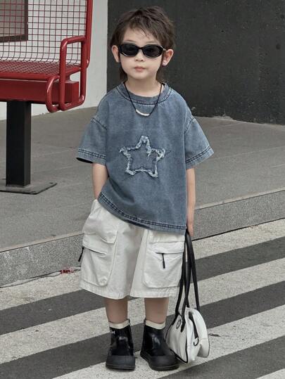 Dazy Kids Áo thun denim thường ngày cỡ lớn in hình ngôi sao cho bé trai mùa hè