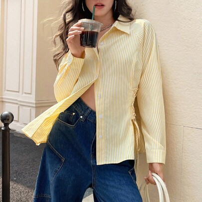 프렌치 스타일 폴로 칼라 타이 웨이스트 슬림핏 긴팔 셔츠