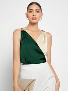 BizChic Spring/Summer New Solid Color Patchwork Metal Decor Casual Shirt, Chic Elegant Urban Commute Daily Versatile Romantic 90s Retro, Suitable For Christmas, New Year, Valentine's Day, Party, Beach, Graduation, Fashion, Festival, Holiday, Wedding Guest, Brunch, Airport, Multi-Occasion - Dark Green - View 6