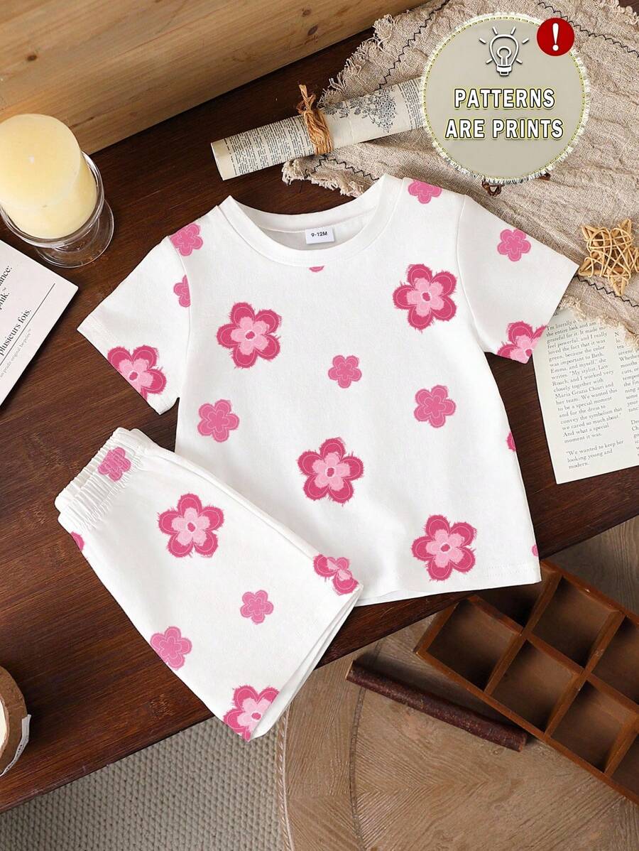 2pcs Baby Girl Casual Cute Floral Print Short Sleeve Round Neck T-Shirt And Floral Print Shorts Set, Suitable For Outings And Daily Wear, Summer - Multicolor - View 1