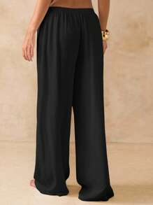 SHEIN BAE White Linen Low-Waist Loose Pants, Vacation Beach Trousers, Spring/Summer - Black - View 2